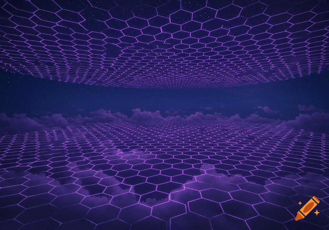 A luminous purple hexagon grid extends across a dark, star-filled sky with clouds, resembling a digital landscape.