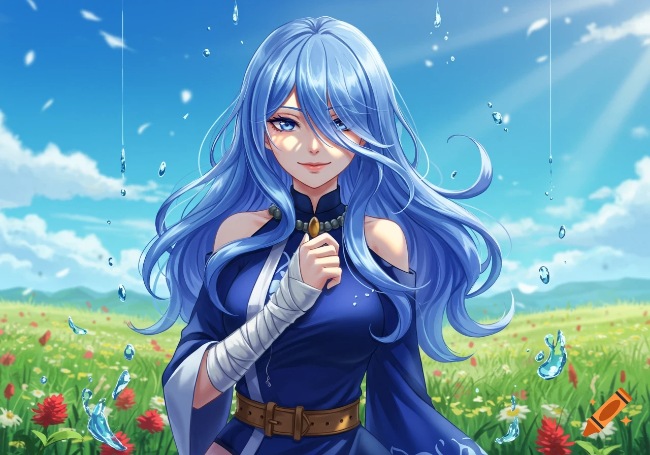 Smiling anime girl with long blue hair and a wrapped arm, standing in a sunny, flowery field with floating water droplets.