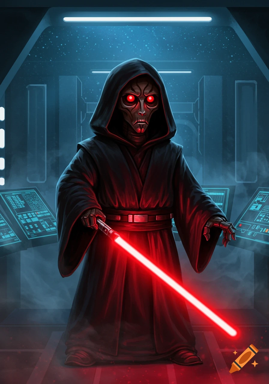 A dark, hooded figure with glowing red eyes and a red lightsaber stands in a dimly lit sci-fi control room.