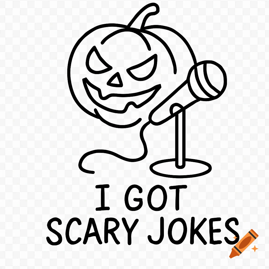 Minimalist black outline drawing of a grinning jack-o'-lantern with a microphone and 'I GOT SCARY JOKES' text.