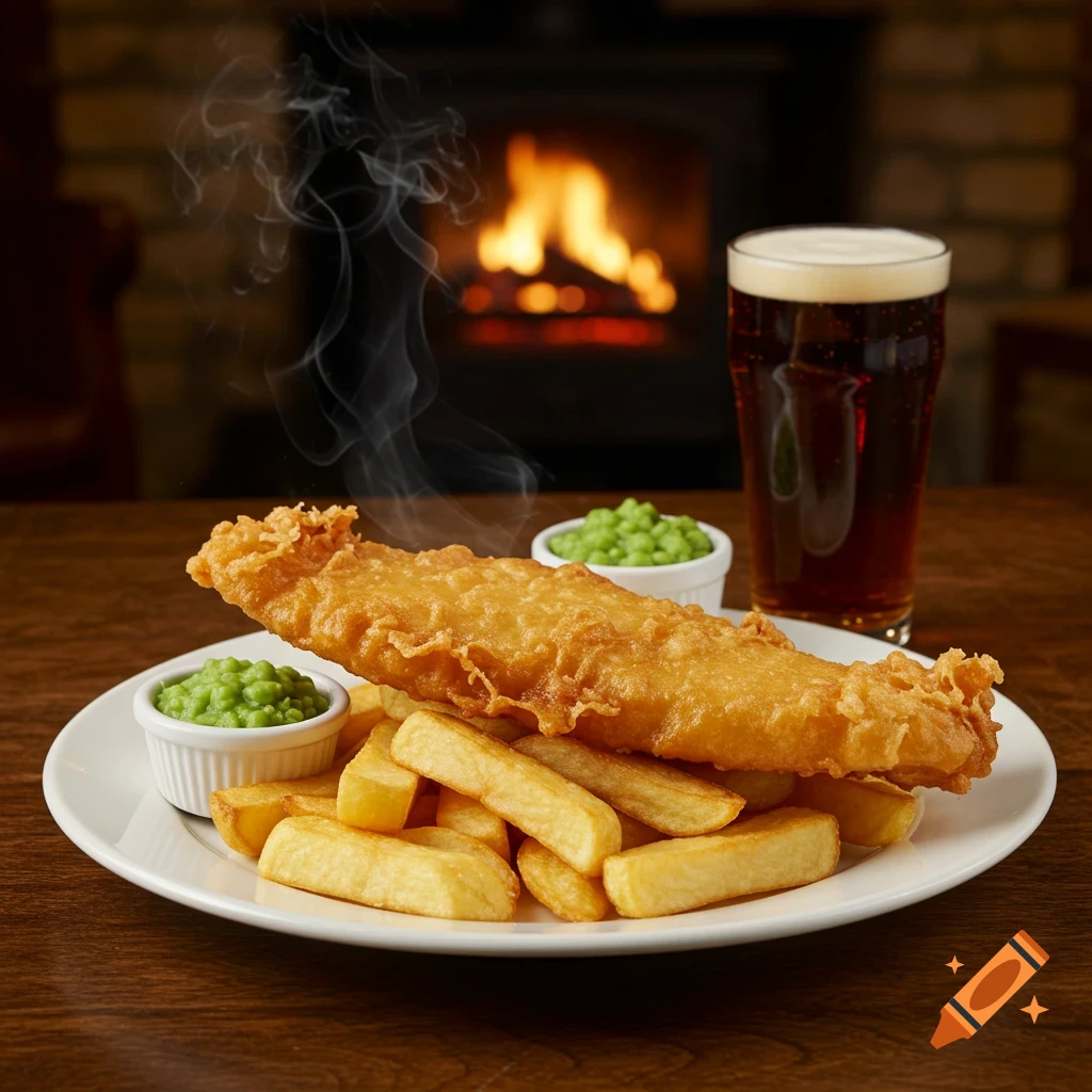 A steaming plate of fish and chips with peas and a pint of dark beer in front of a fireplace.