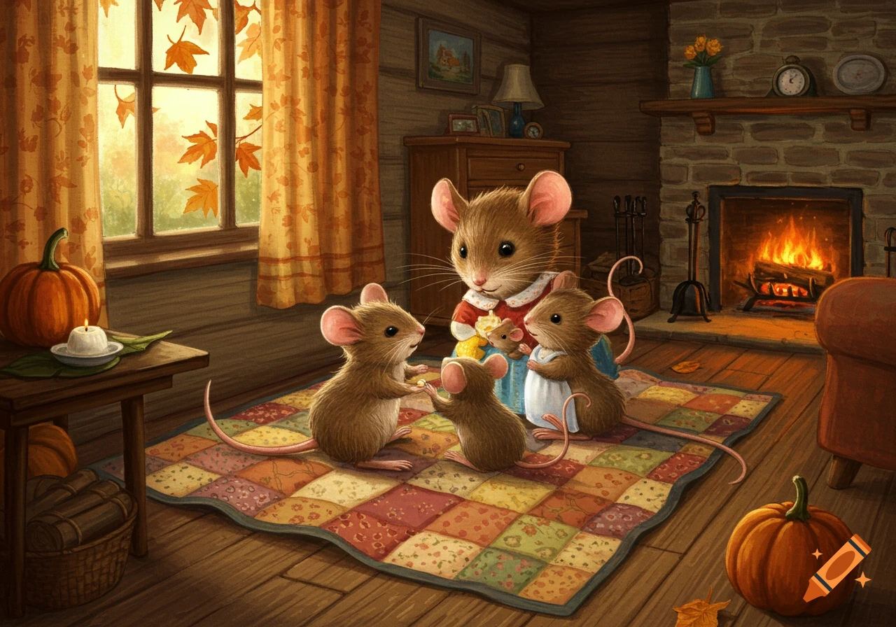 Illustration of a cute mouse family on a quilt in a cozy autumn room with a fireplace and fall leaves outside a window.