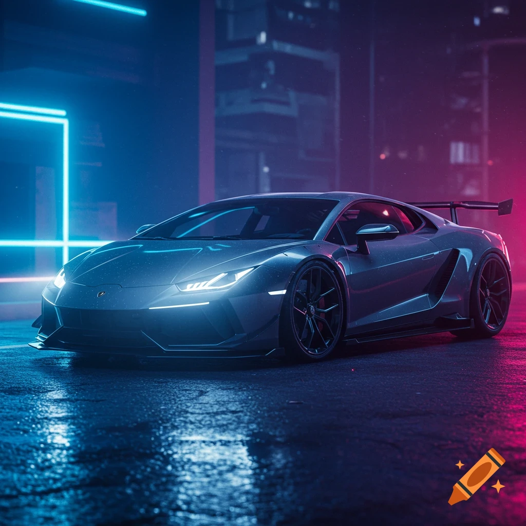 A gray Lamborghini sports car with a body kit parked on a wet street at night, illuminated by blue and pink neon lights in a futuristic cityscape.