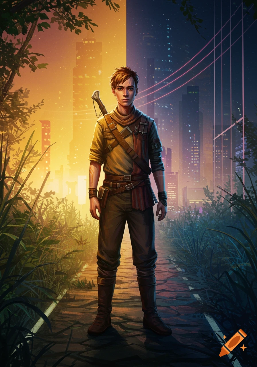 A digital painting of a young male adventurer standing on an overgrown road, with a bright city on the left and a dark cityscape on the right.