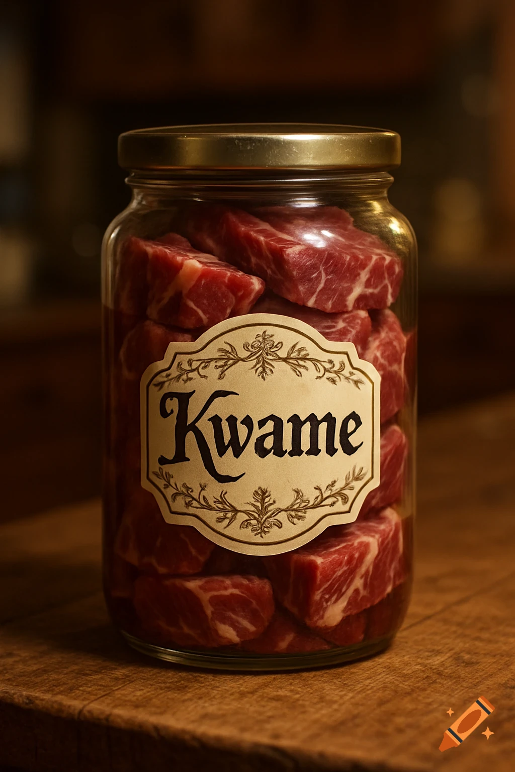 A glass jar filled with raw, cubed red meat on a wooden surface, with a label that reads 'Kwame'.