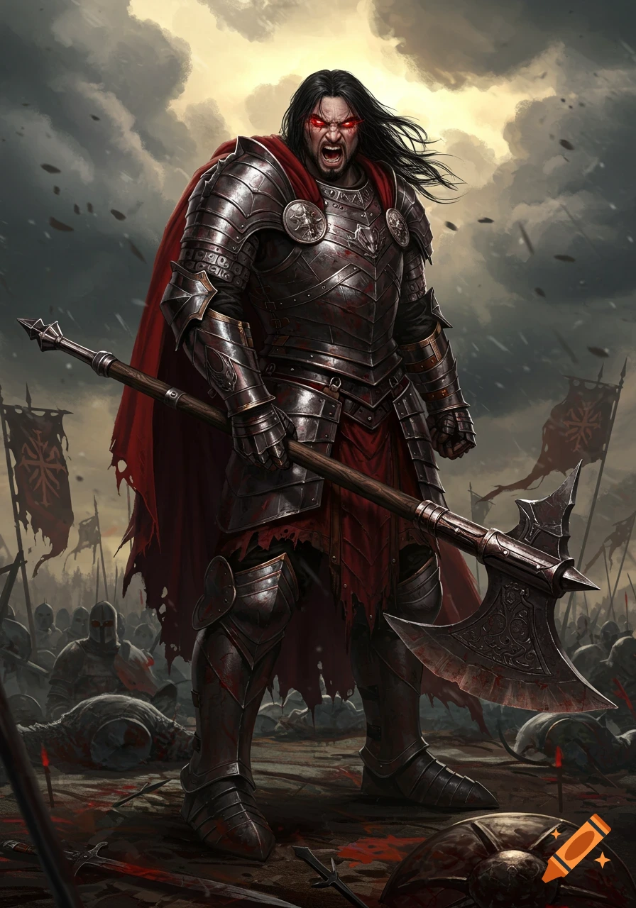 An angry warlord in dark, blood-splattered armor with glowing red eyes screams, holding a large axe on a battlefield filled with fallen soldiers.