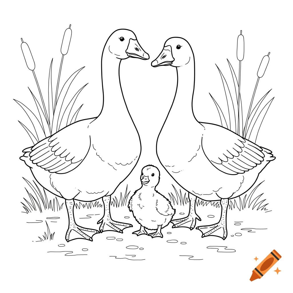 Outline drawing of two adult geese looking at a baby gosling, standing in grass with cattails.