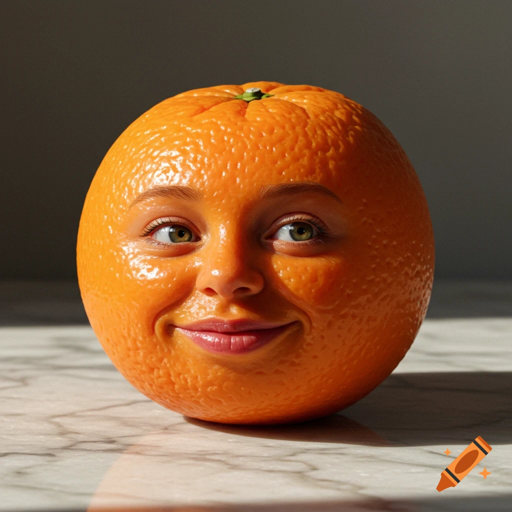 A photorealistic orange with an uncannily human face smiles slightly while resting on a sunlit marble counter.