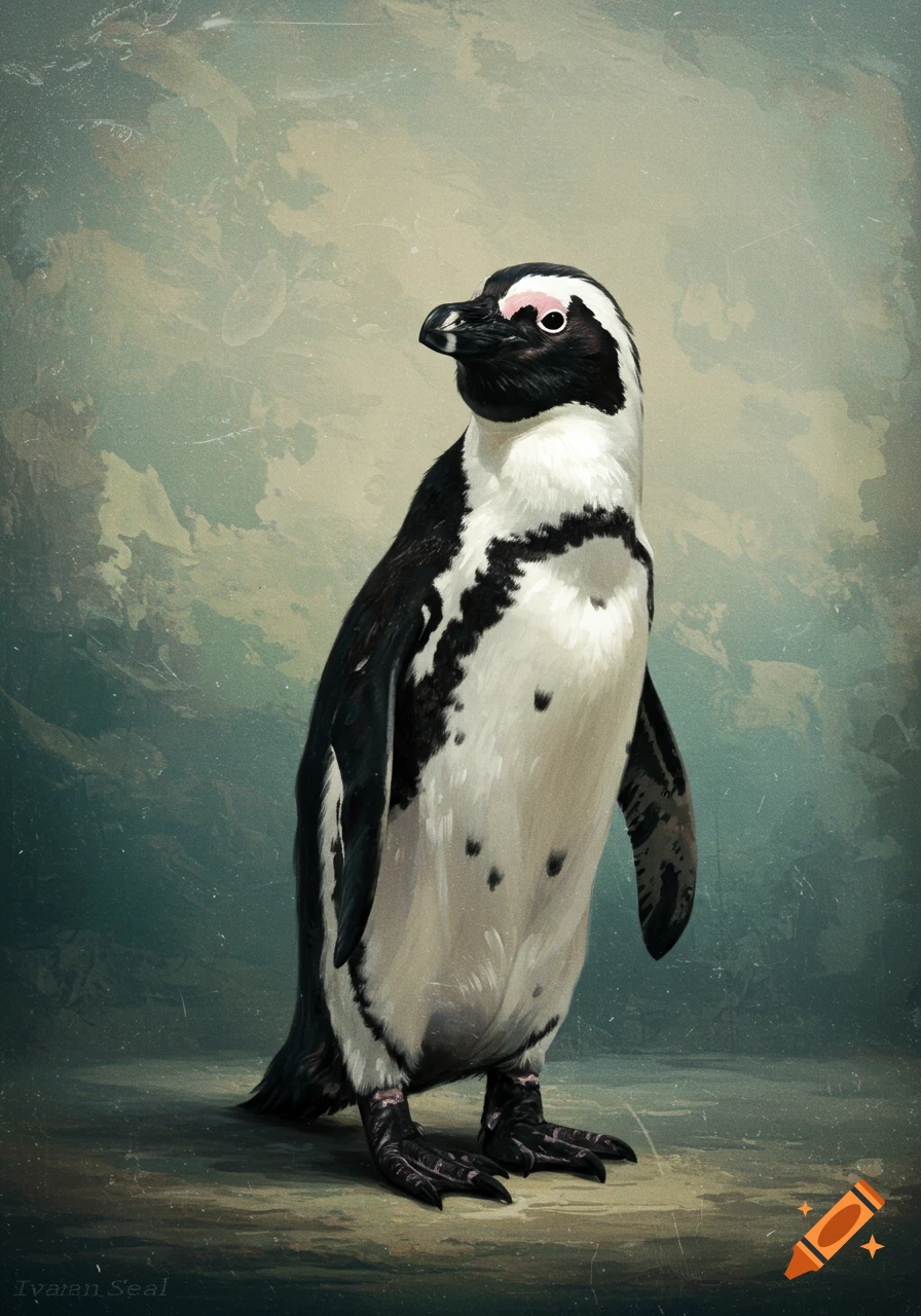A painting of an African penguin standing against a textured, muted green and brown background, in the style of Ivan Seal.
