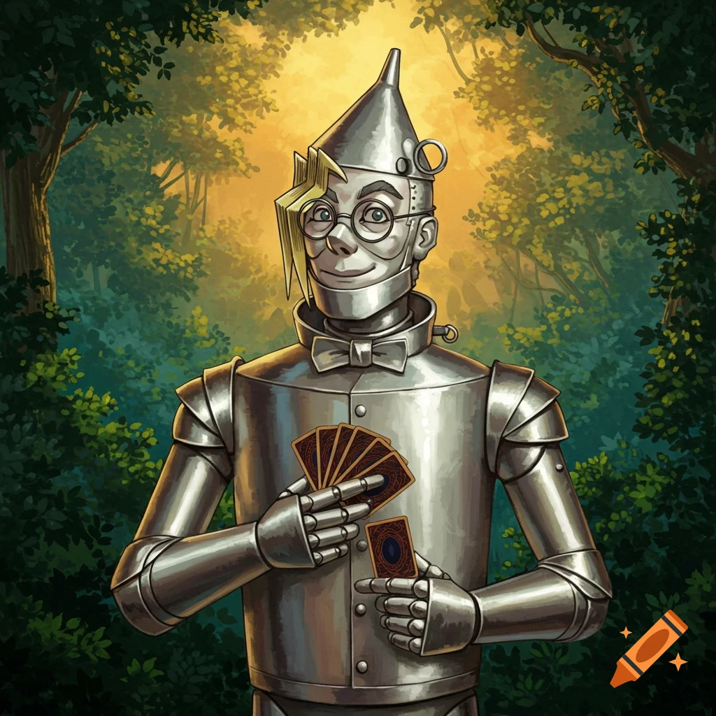 A cartoonish metal Tin Man with glasses and a bowtie, holding playing cards in a sunlit forest.