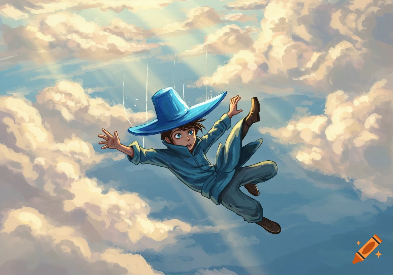 A cartoon person in a large blue hat and blue clothes tumbles through a bright sky filled with fluffy clouds, digital art.