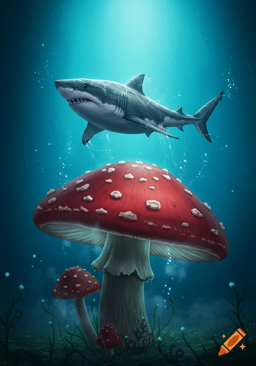 An artistic illustration of a shark swimming above a giant red mushroom and smaller mushrooms in a glowing blue underwater environment.