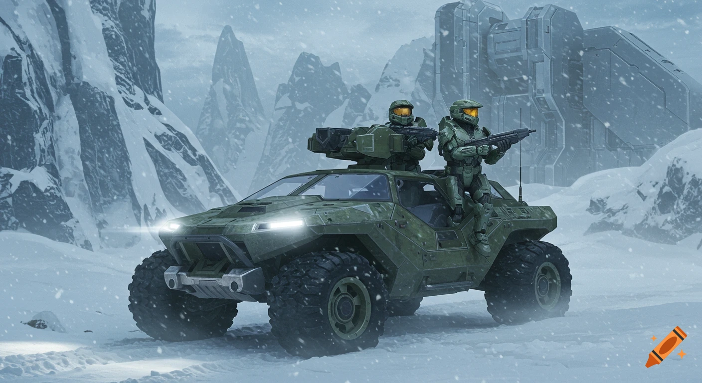 Two Halo Spartans in green armor ride a Warthog vehicle through a snowy, mountainous landscape with a sci-fi structure.