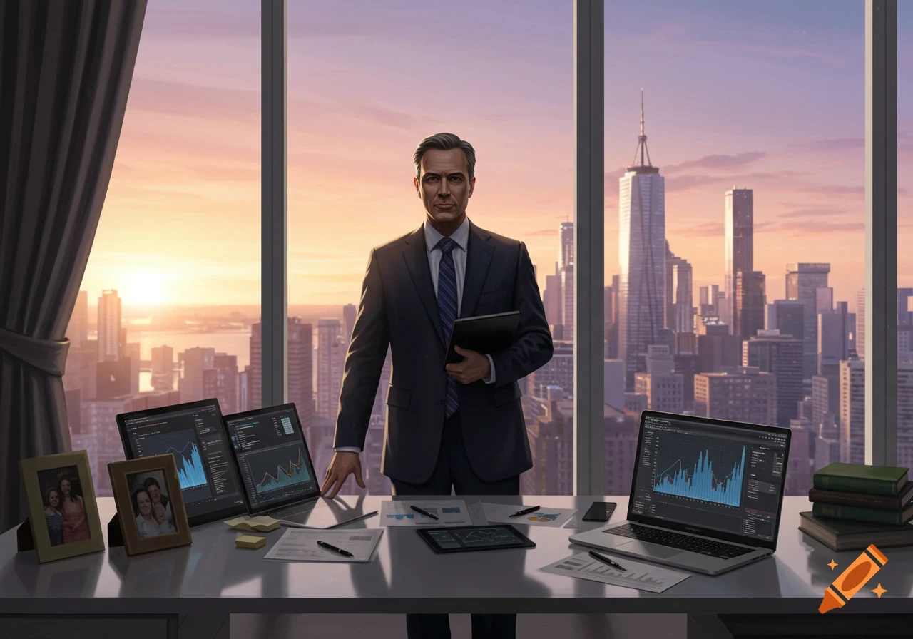 A distinguished businessman in a suit stands in a high-rise office, looking out over a city skyline at sunset. A desk with laptops, documents, and family photos is in the foreground.
