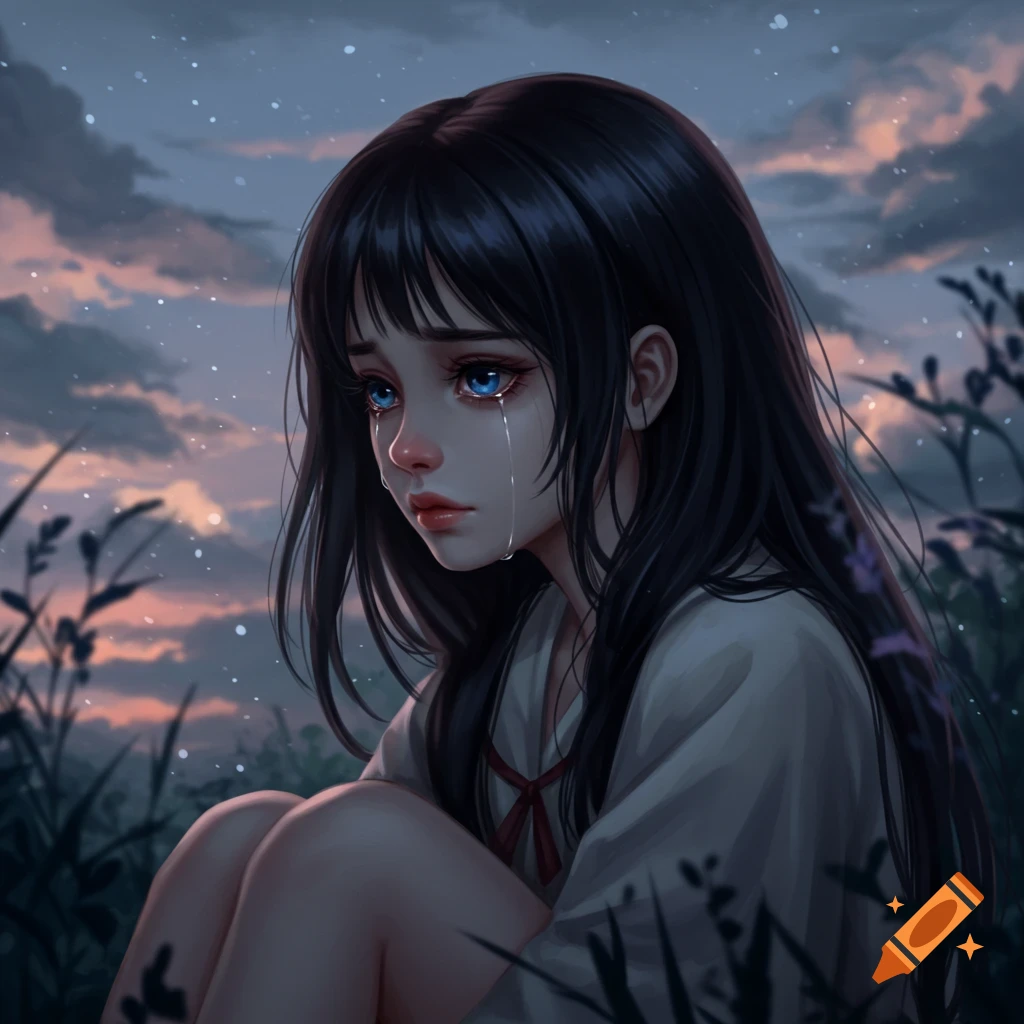 A crying girl with long black hair and bright blue eyes sits in tall grass at dusk, rendered in a digital anime art style.