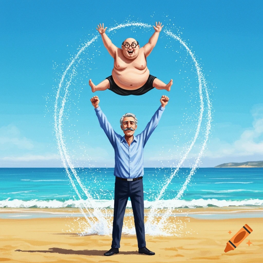 An illustration of a man with a mustache raising his arms on a beach, with a bald, heavy-set man leaping above him as water splashes.