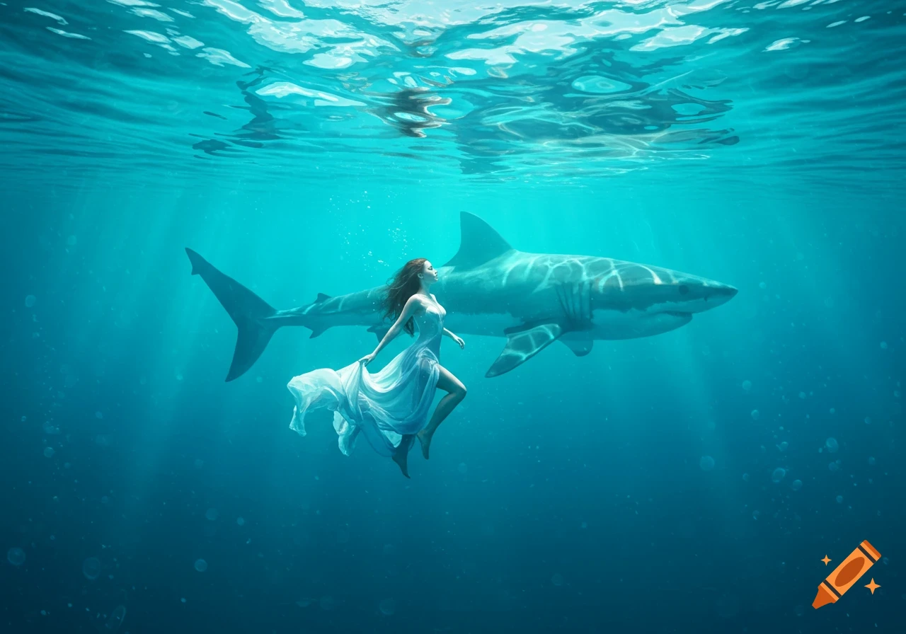 A woman in a flowing white dress swims underwater with a large shark behind her, light rays filtering from above.