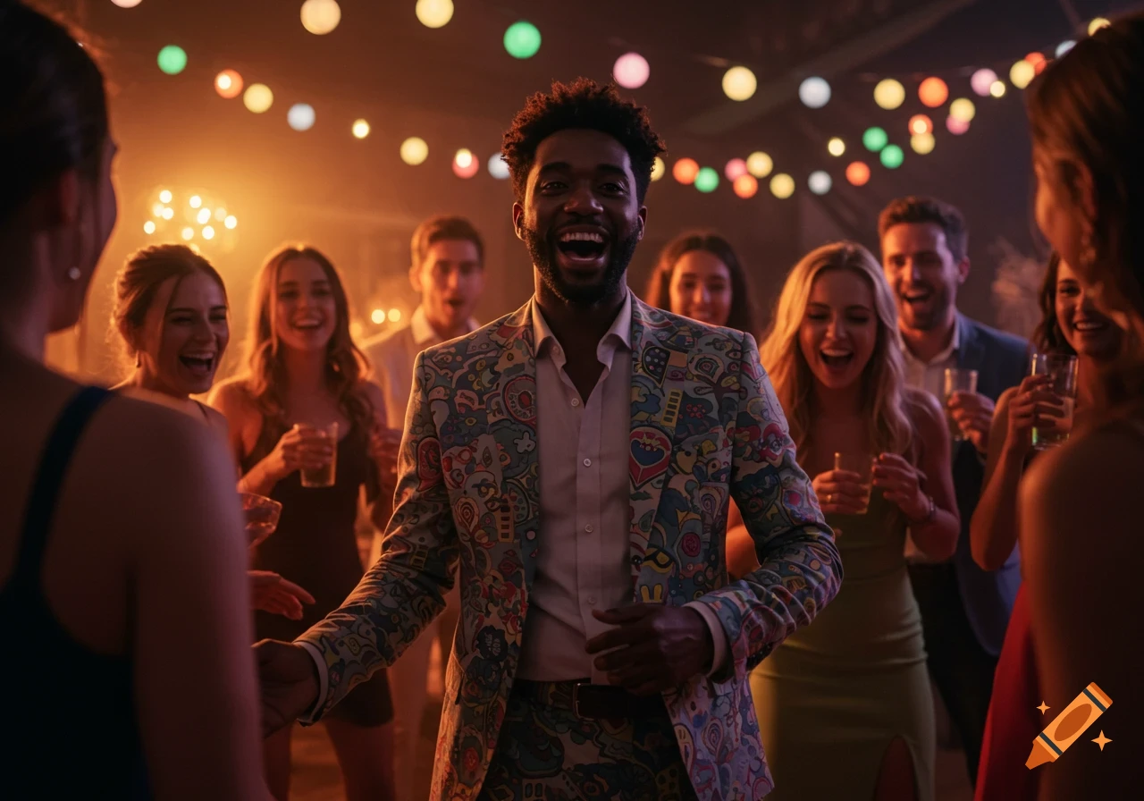 A happy Black man in a colorful suit laughs at a dimly lit party, surrounded by other smiling people and string lights.