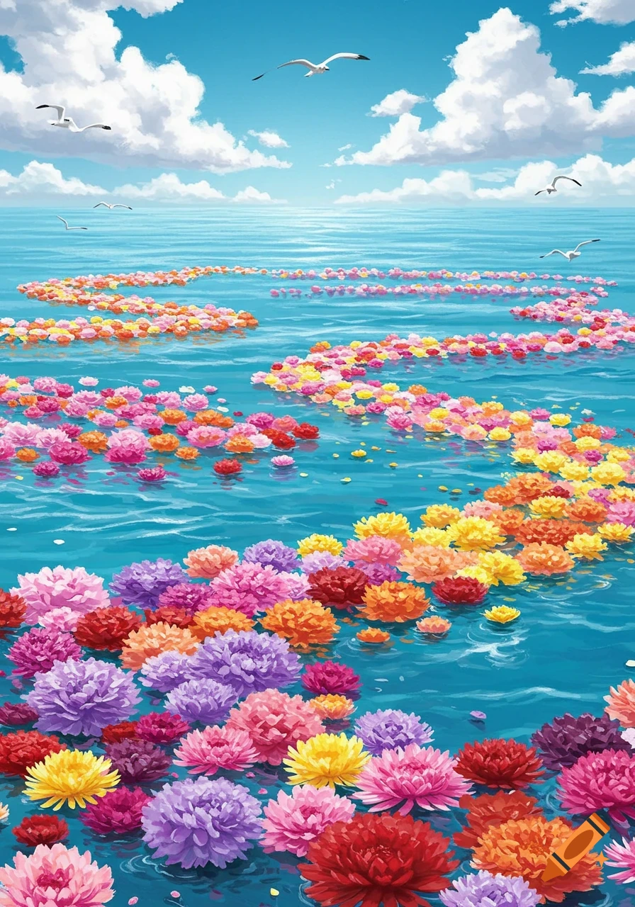 Vibrant pink, purple, red, orange, and yellow flowers float on a turquoise ocean under a blue sky with white clouds and flying seagulls. Illustration.