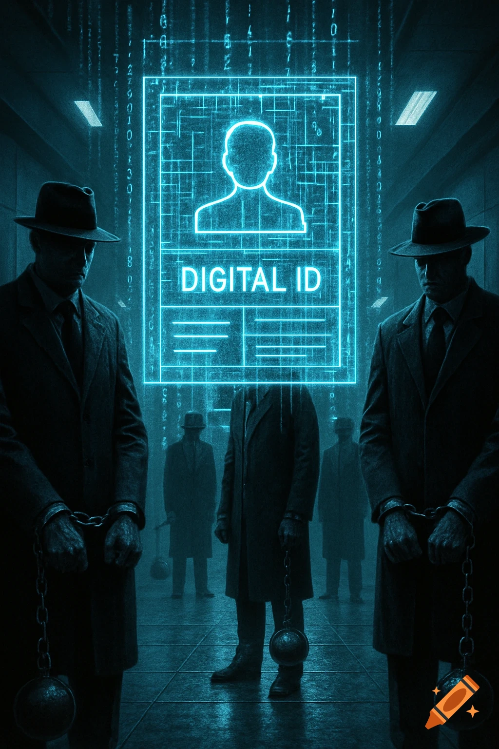 Two men in trench coats and hats, chained, stand on either side of a glowing blue digital ID card. Digital rain falls in the background.