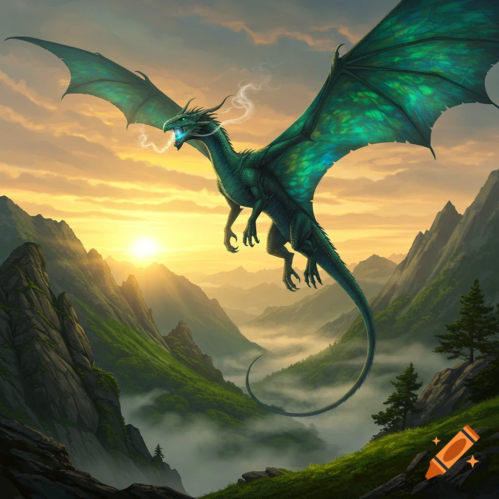 A magnificent green dragon with iridescent wings flies through a misty mountain valley at sunset.