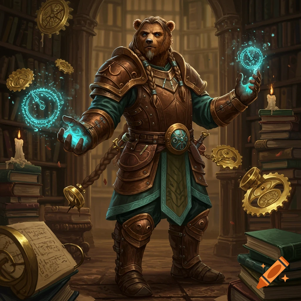 An anthropomorphic bear wizard in intricate leather armor with braided hair casts a glowing blue spell in a grand library filled with books and floating gears.