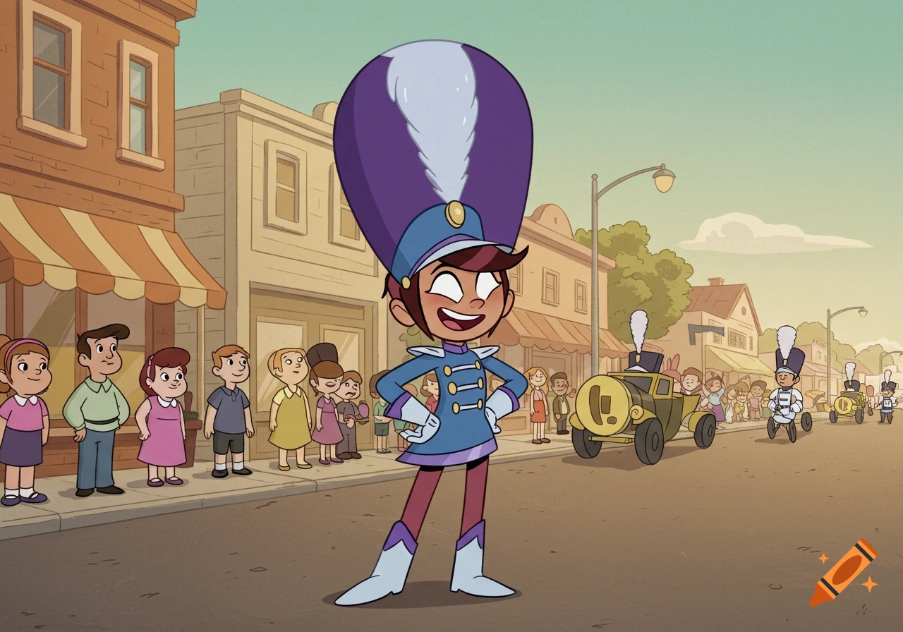A cartoon character in a blue marching band uniform with a large purple shako and white plume stands smiling in the street, with a parade and onlookers in the background.