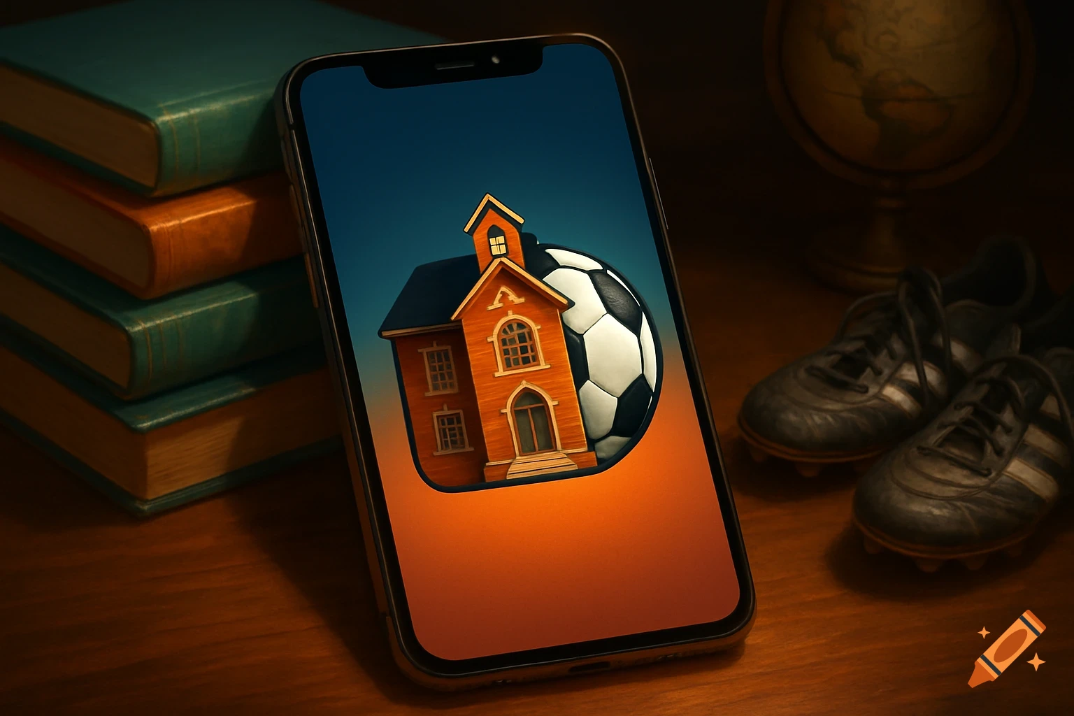 A phone displaying an app logo with a school and soccer ball, on a desk with books, a globe, and football boots.