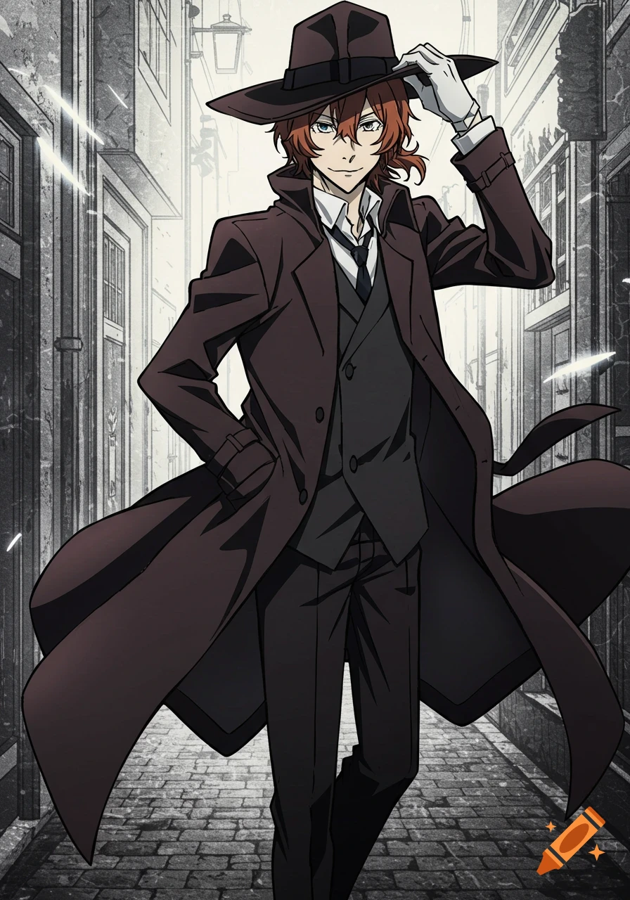 Anime-style illustration of Chuuya Nakahara in a dark suit and trench coat, tipping his fedora in a monochromatic alley.