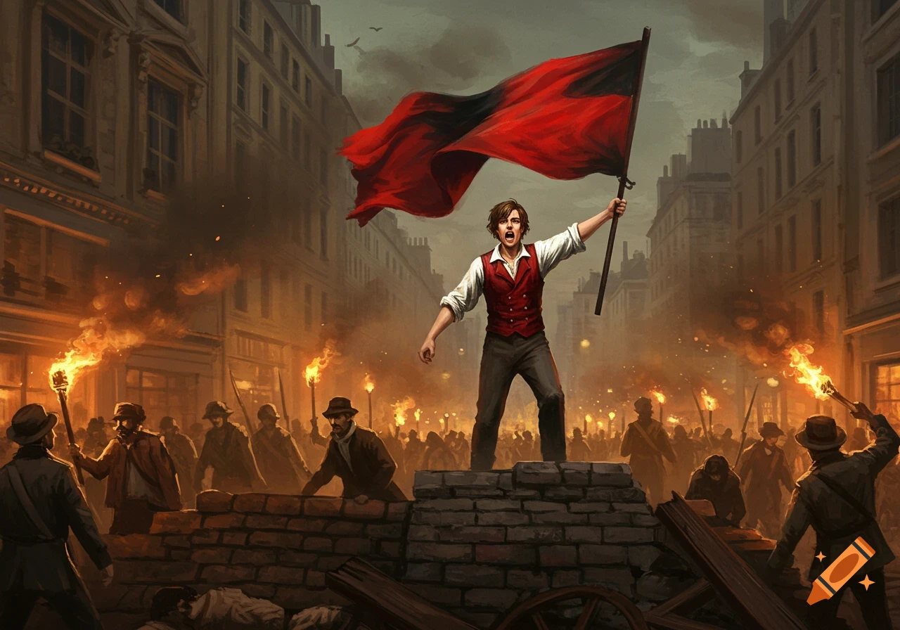 A dramatic painting of a man on a barricade in a Parisian street at night, shouting and waving a red and black flag, surrounded by a torchlit crowd.