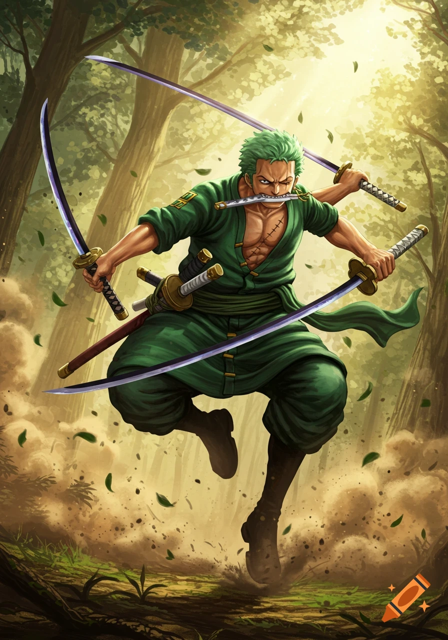 Roronoa Zoro from One Piece, with green hair and green gi, wields three katanas mid-action in a forest, anime style.