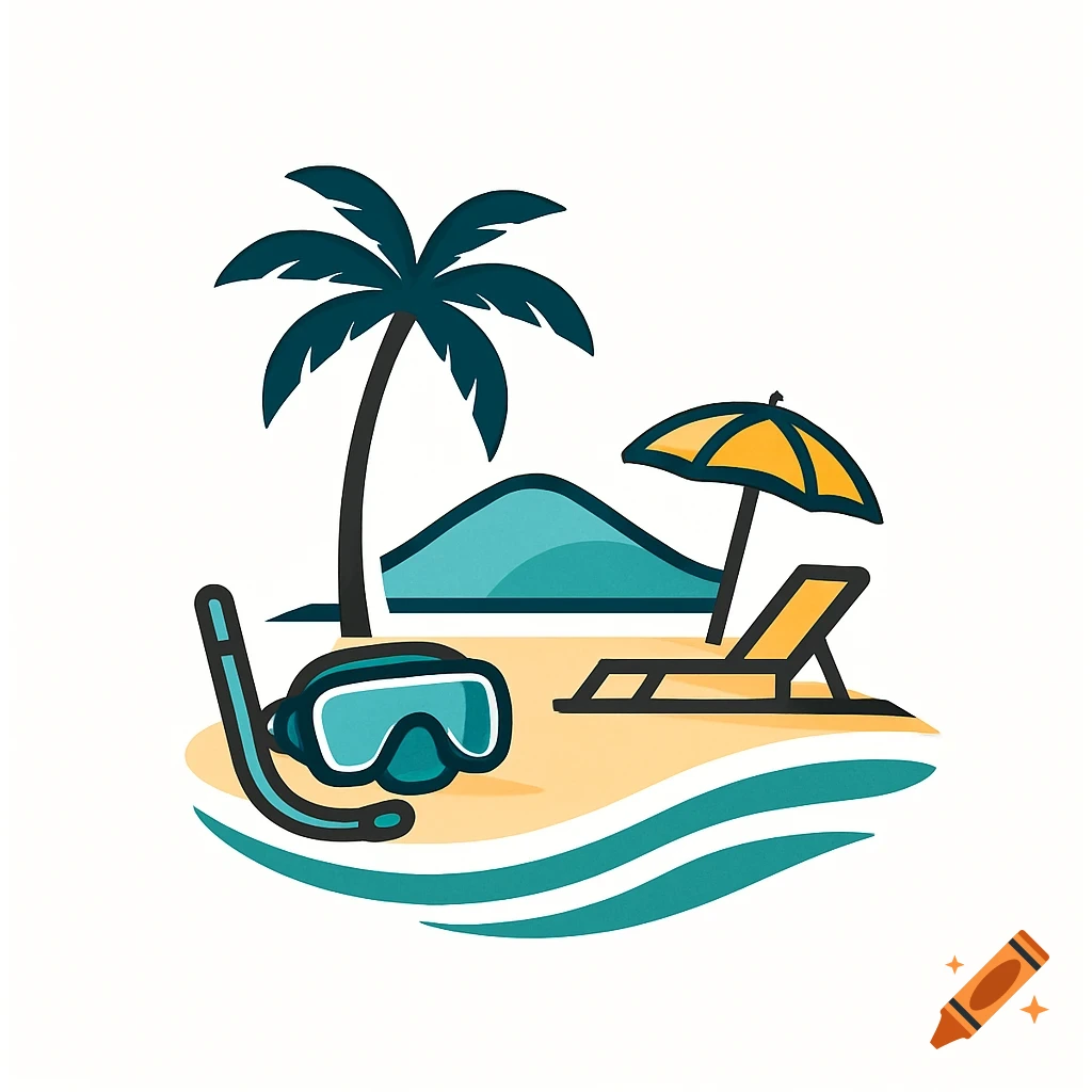 Stylized illustration of a tropical beach with a palm tree, sun lounger, umbrella, and snorkeling mask.