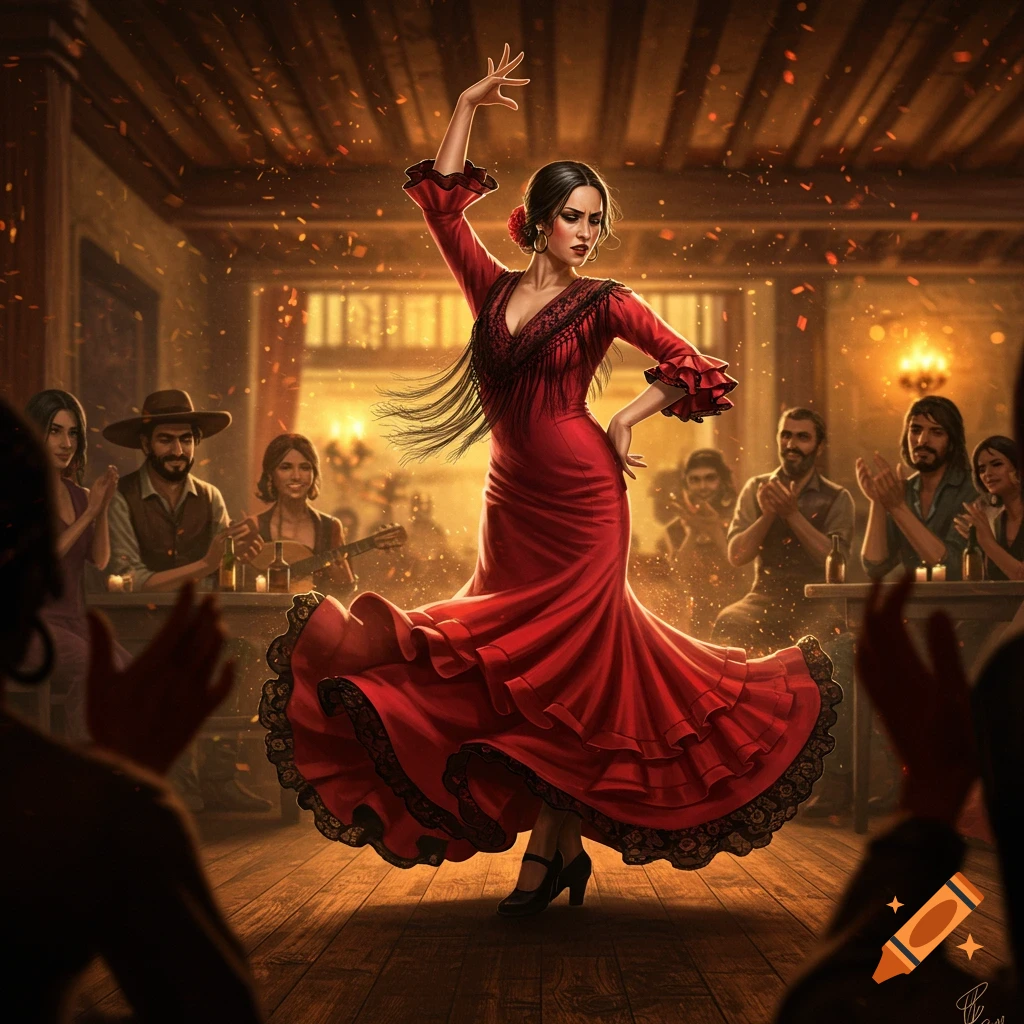 A vibrant flamenco dancer in a red ruffled dress performs on a wooden stage in a dimly lit Spanish bar with a clapping audience.