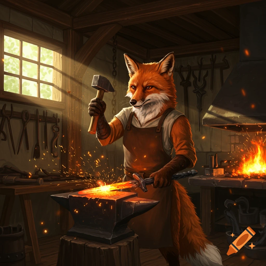 An anthropomorphic red fox blacksmith hammers a glowing sword on an anvil in a workshop, surrounded by sparks and tools.