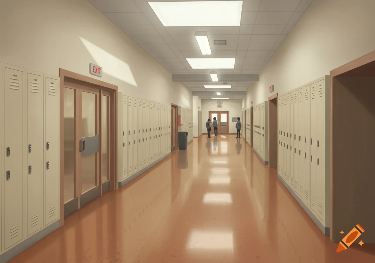 A digitally painted school hallway with beige lockers, reflective brown floor, and three students in the distance near an 'EXIT' sign.