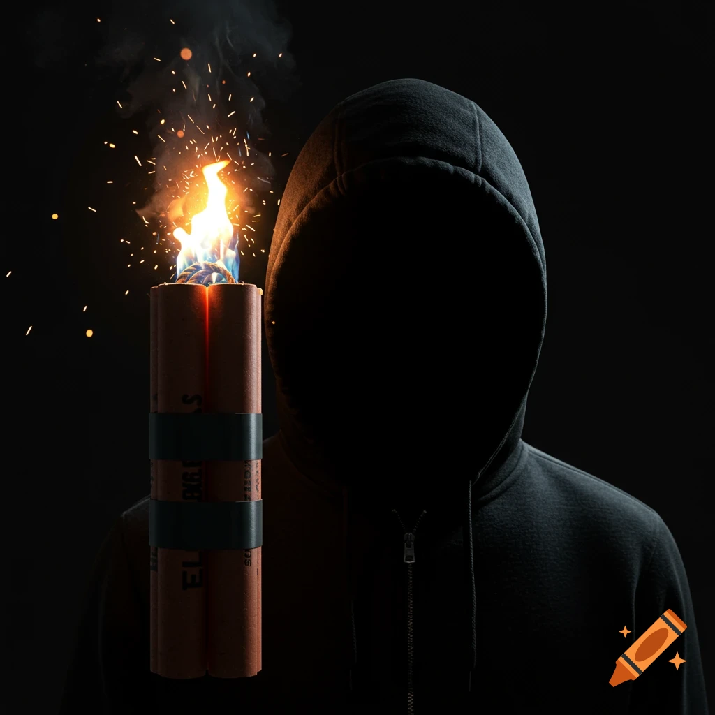 Photorealistic image of a shadowy hooded figure holding a lit stick of dynamite with sparks flying against a dark background.