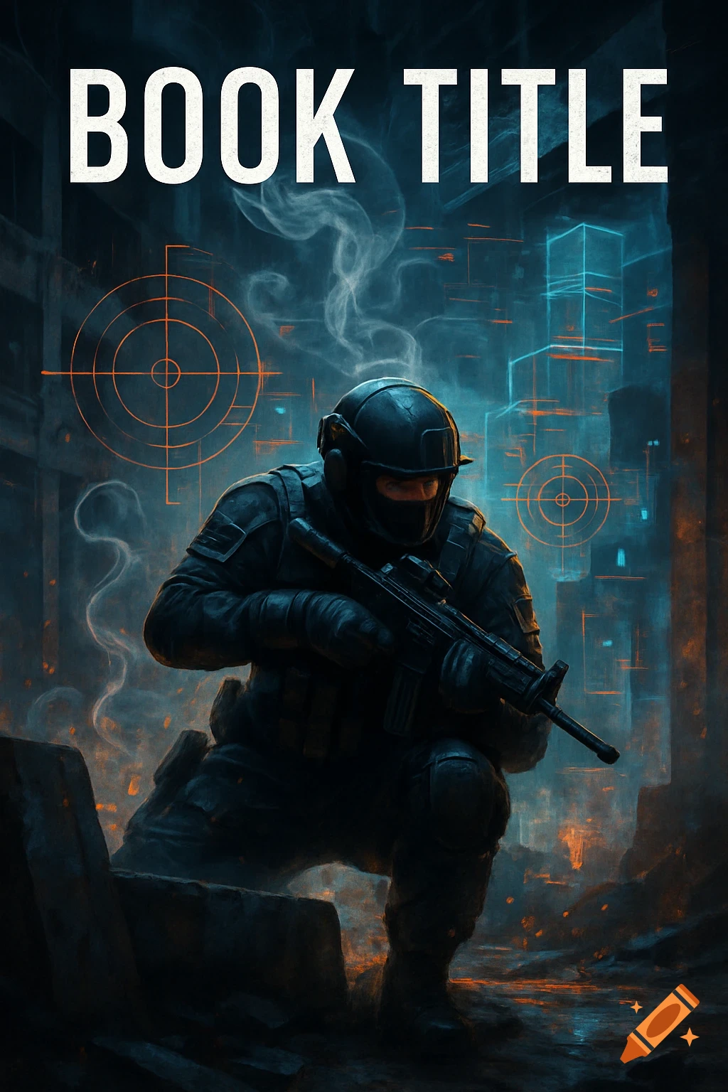 A tactical soldier in dark gear holding a rifle kneels in a sci-fi environment with glowing lines. Text: BOOK TITLE.