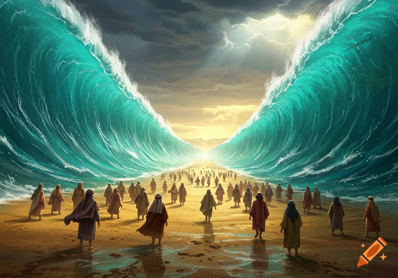 A vast crowd walks on dry land between towering walls of turquoise water under a dramatic sky, depicting the parting of the Red Sea.