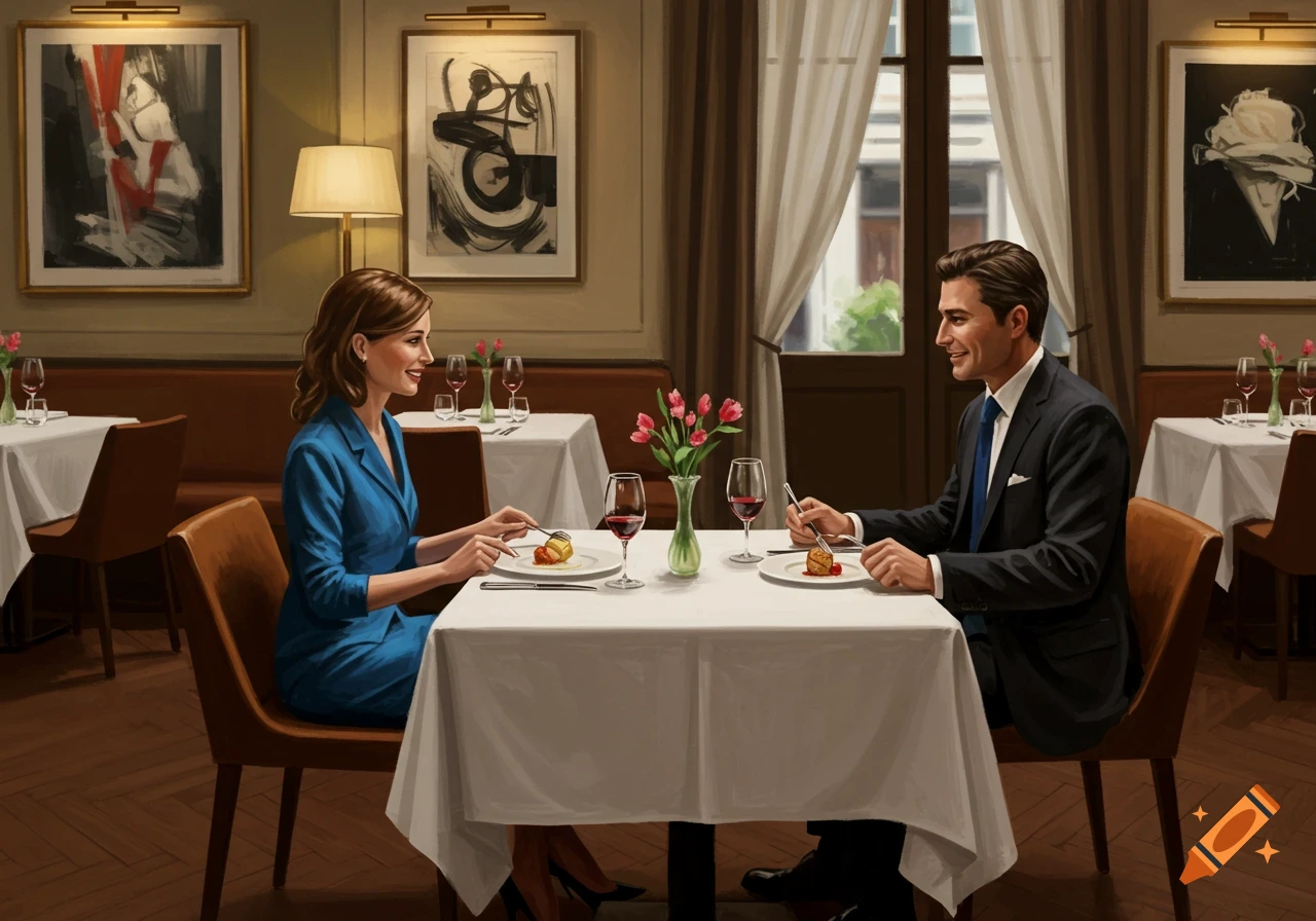 A couple in formal attire enjoys a meal at an elegant restaurant, sitting at a white-clothed table.