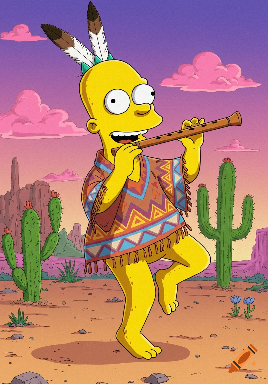 A bald Simpson-style character dressed as Kokopelli plays a flute in a colorful cartoon desert with cacti and mesas.