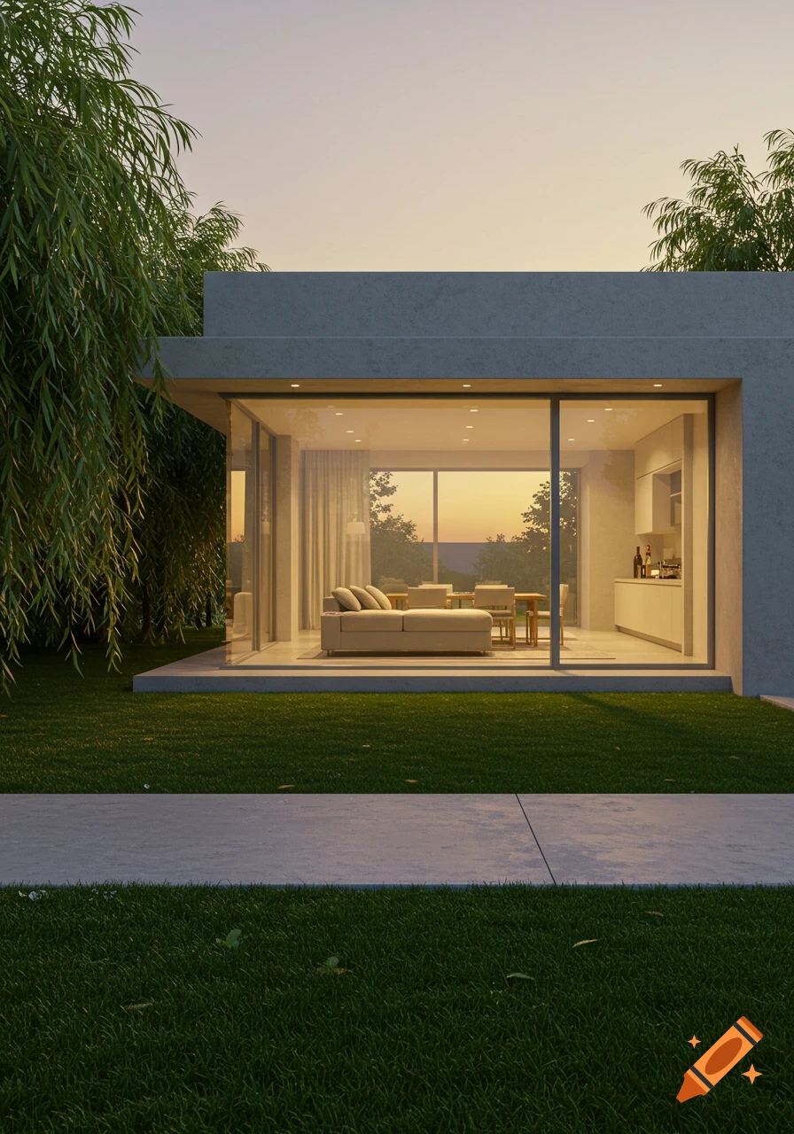 Modern house with large glass windows, a lush green lawn, and surrounding trees at sunset.