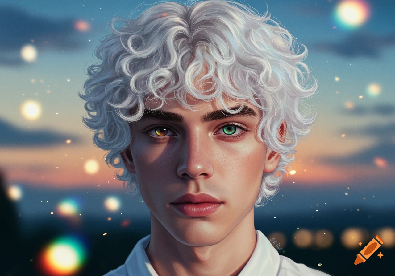 Close-up portrait of a young man with white curly hair, heterochromatic eyes (one yellow, one green), against a soft, glowing sunset sky.