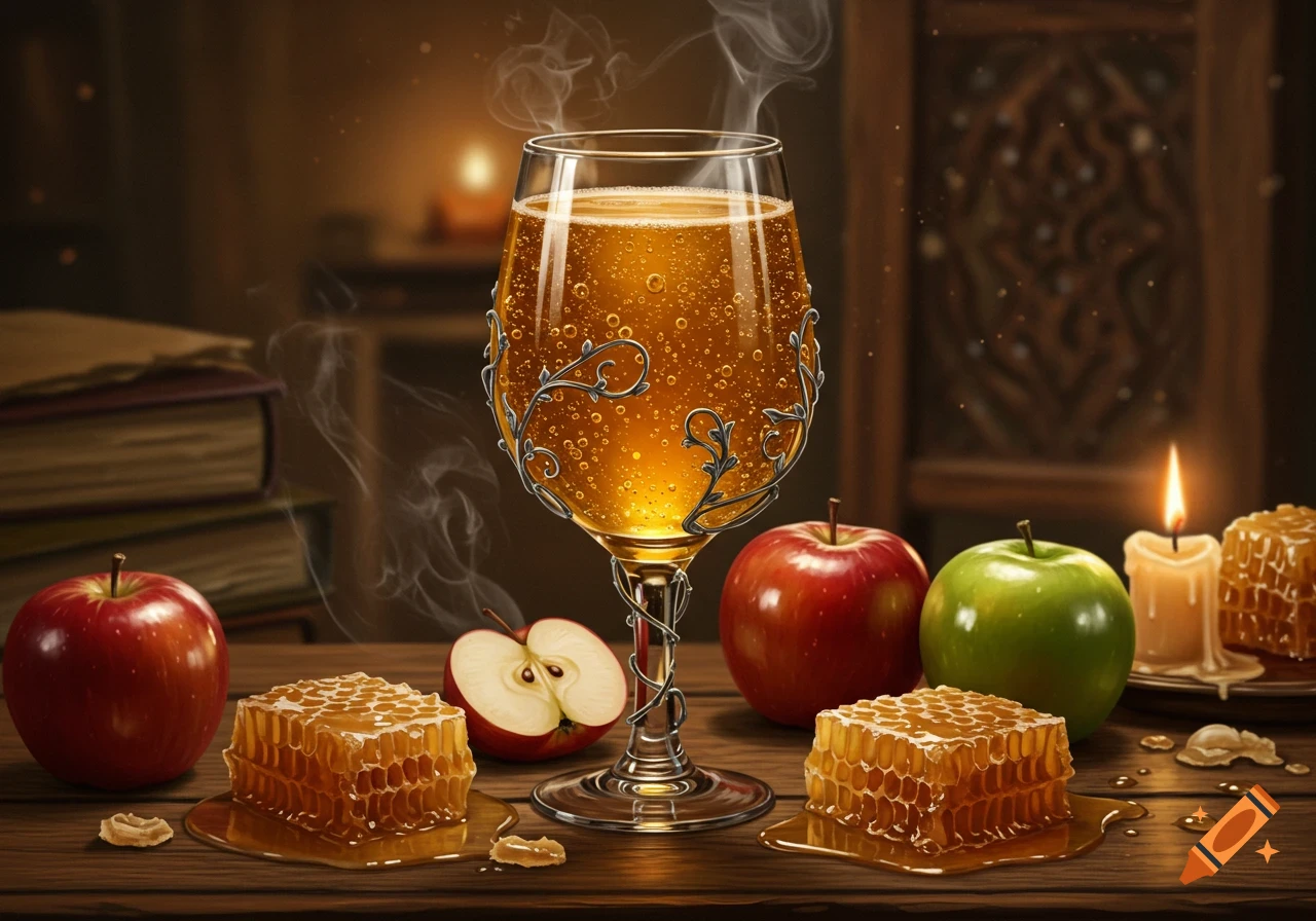 A photorealistic still life of a glass of bubbly apple mead, red and green apples, and honeycombs on a wooden table with a lit candle.