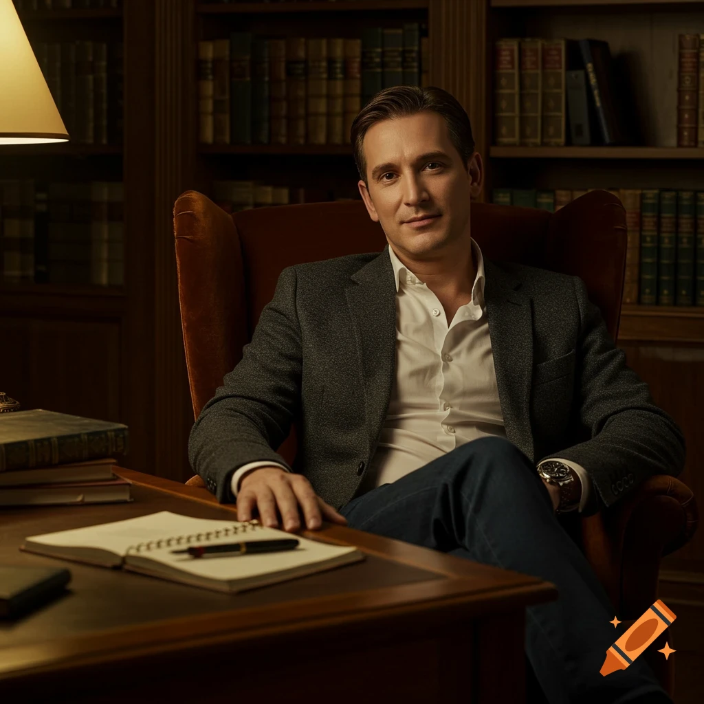 A man in a dark grey jacket and white shirt sits in an armchair at a desk with a notebook and pen, in a dimly lit library.