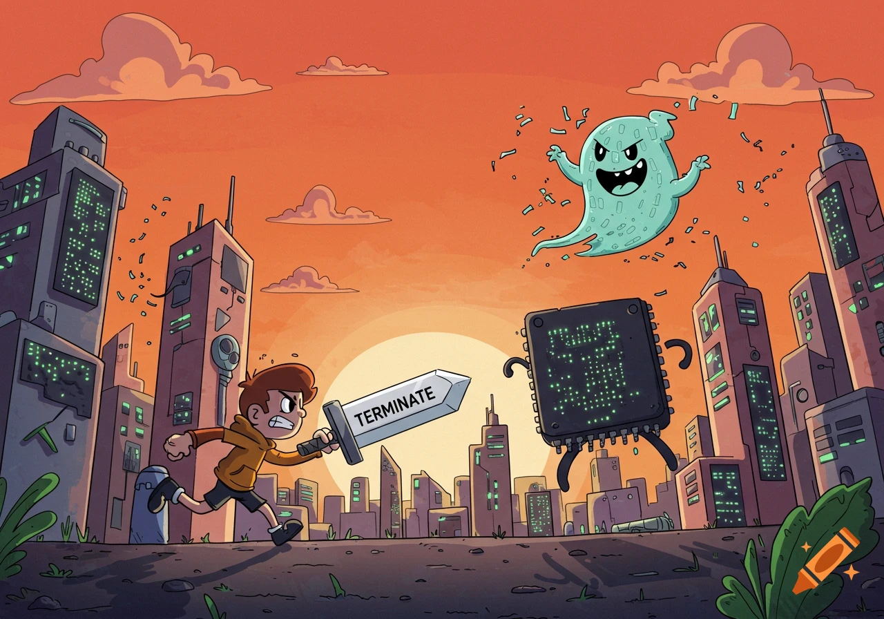 A cartoon boy with a sword labeled "TERMINATE" charges a giant microchip monster in a city, with a floating ghost-like creature nearby, illustrating a 'Process ID' being killed.