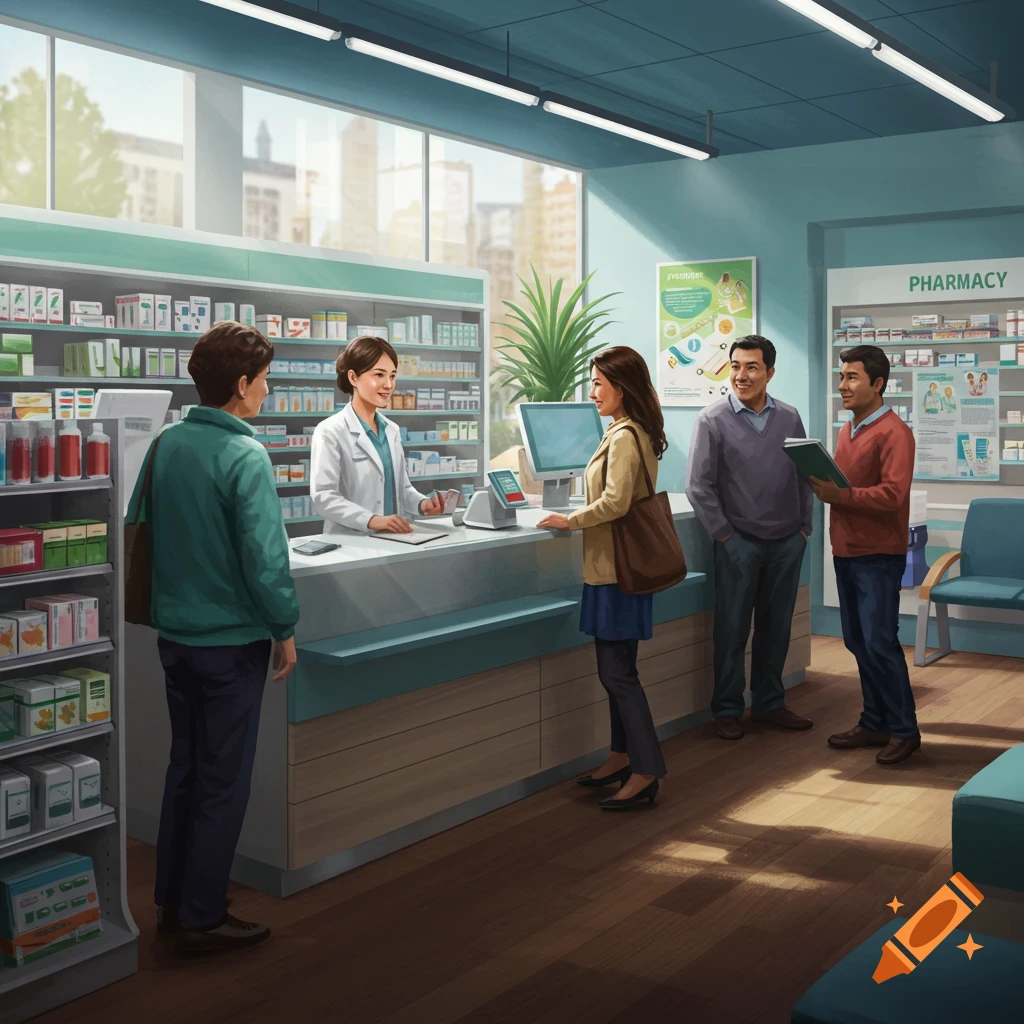 An illustration of a bright pharmacy interior where a pharmacist assists customers at the counter, while other customers wait nearby.