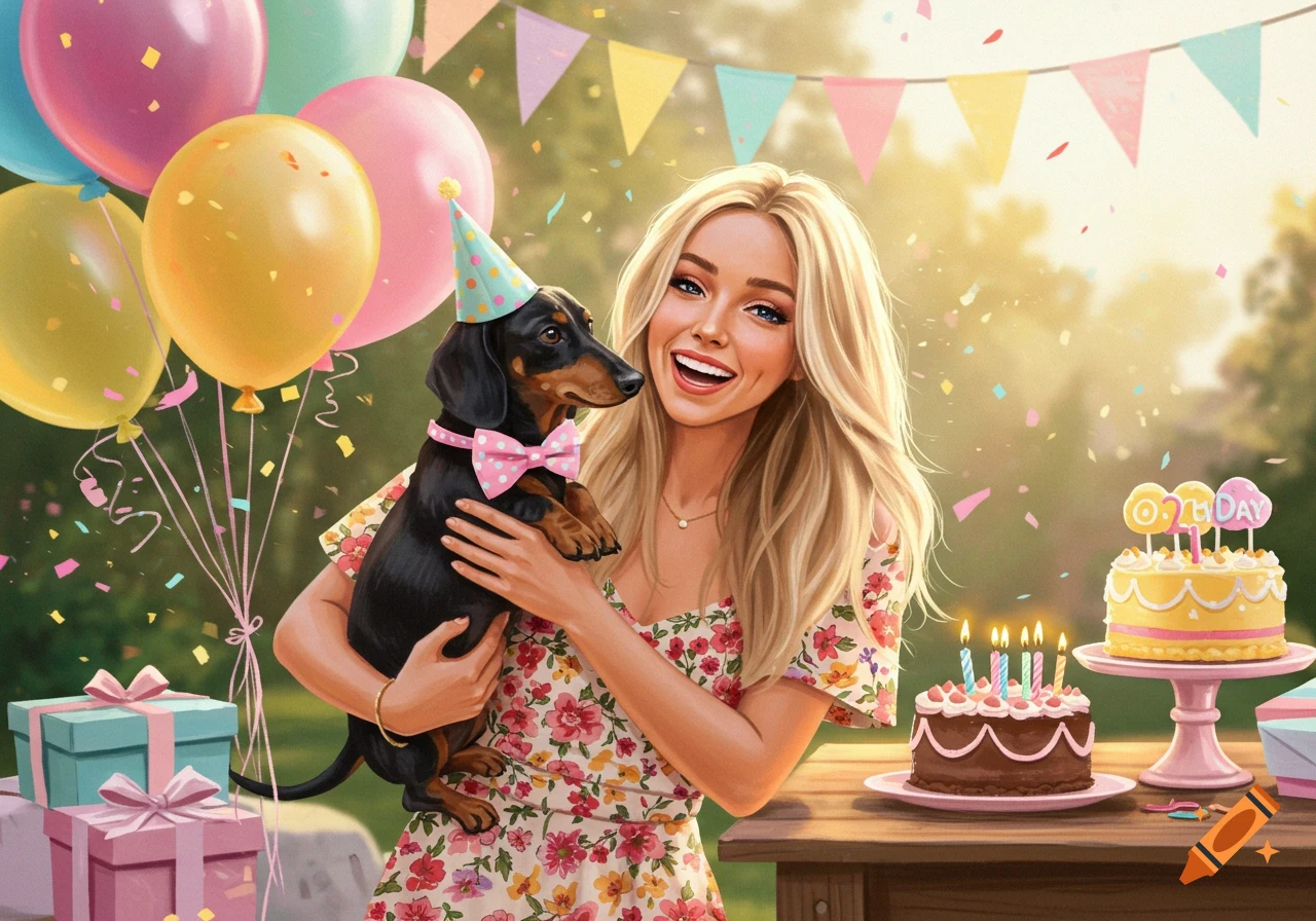 A smiling blonde woman holding a black dachshund in a party hat at an outdoor birthday party with cakes and balloons.