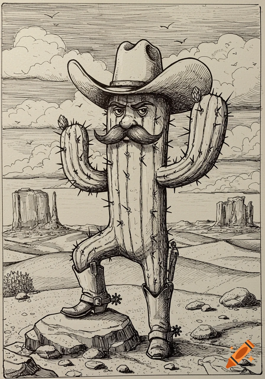 Pen and ink drawing of a cactus cowboy with a mustache, hat, boots, and spurs in a desert.