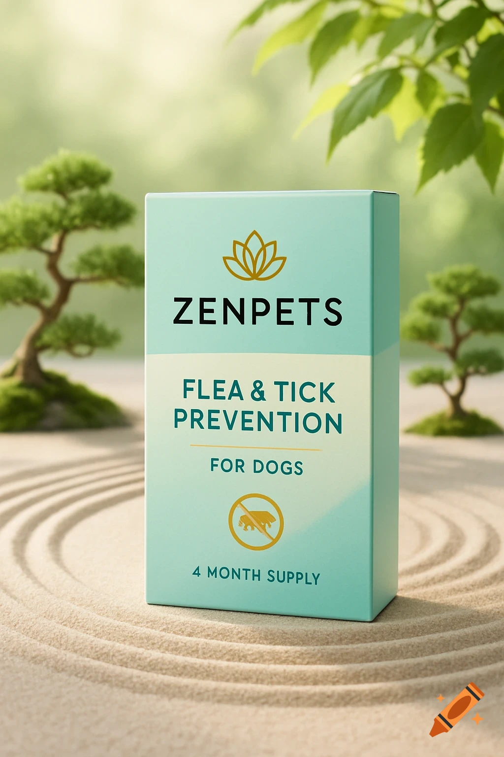 Photorealistic image of a Zenpets flea and tick prevention box for dogs, set in a minimalist Zen garden with raked sand and bonsai trees.