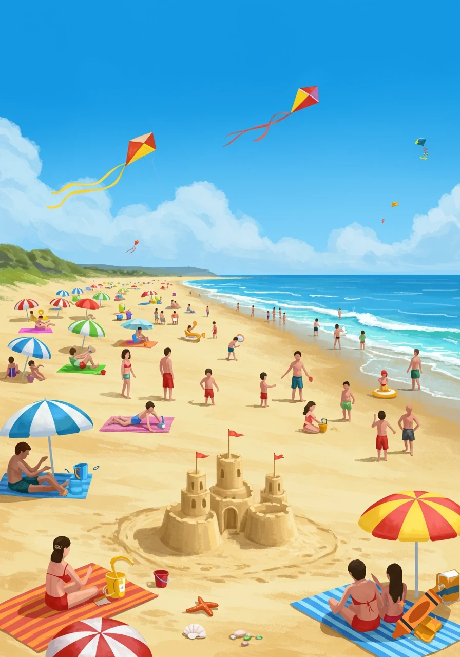 An illustration of a bustling beach scene with people swimming, playing, building sandcastles, and flying kites under a blue sky.